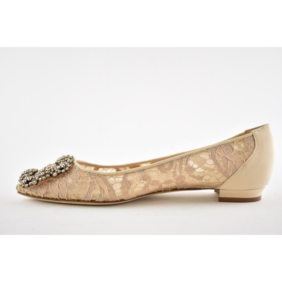 Manolo Blahnik Hangisi Flat Nude Lace Crystal Jewel Buckle Ballerina Ballet 35 - Picture 9 of 12